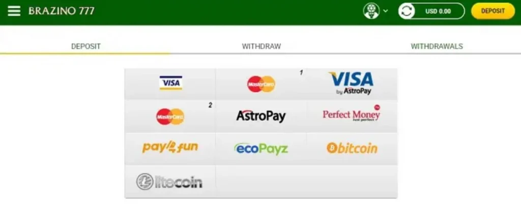 Métodos de pago y retiro disponibles en Brazino 777